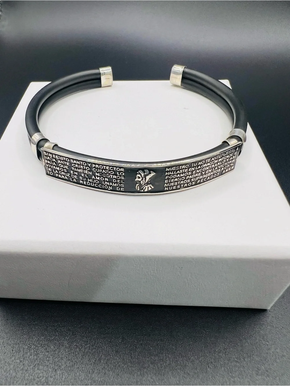 Black rubber and Sterling Silver Saint Benedict Prayer Cuff Bracelet